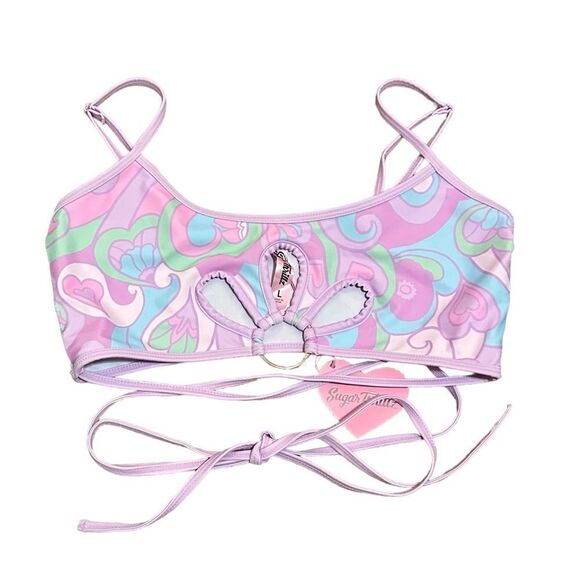 NWT Dollskill Y2K Heart Pink Peep Hole Wrap Around Halter Cropped Top Tank Shirt - Picture 2 of 3